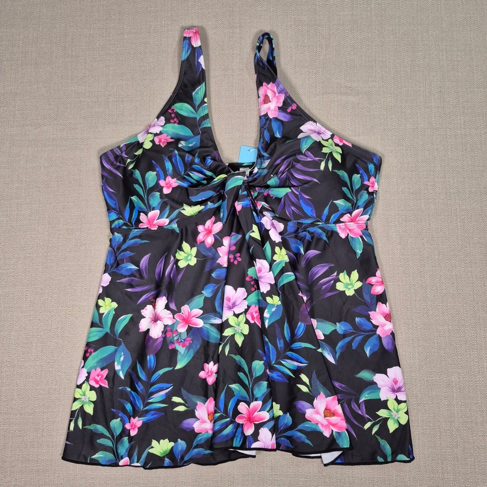 Yonique Floral Tankini Swim Black Pink Tropical V-Neck Top Only Size XXL NWT